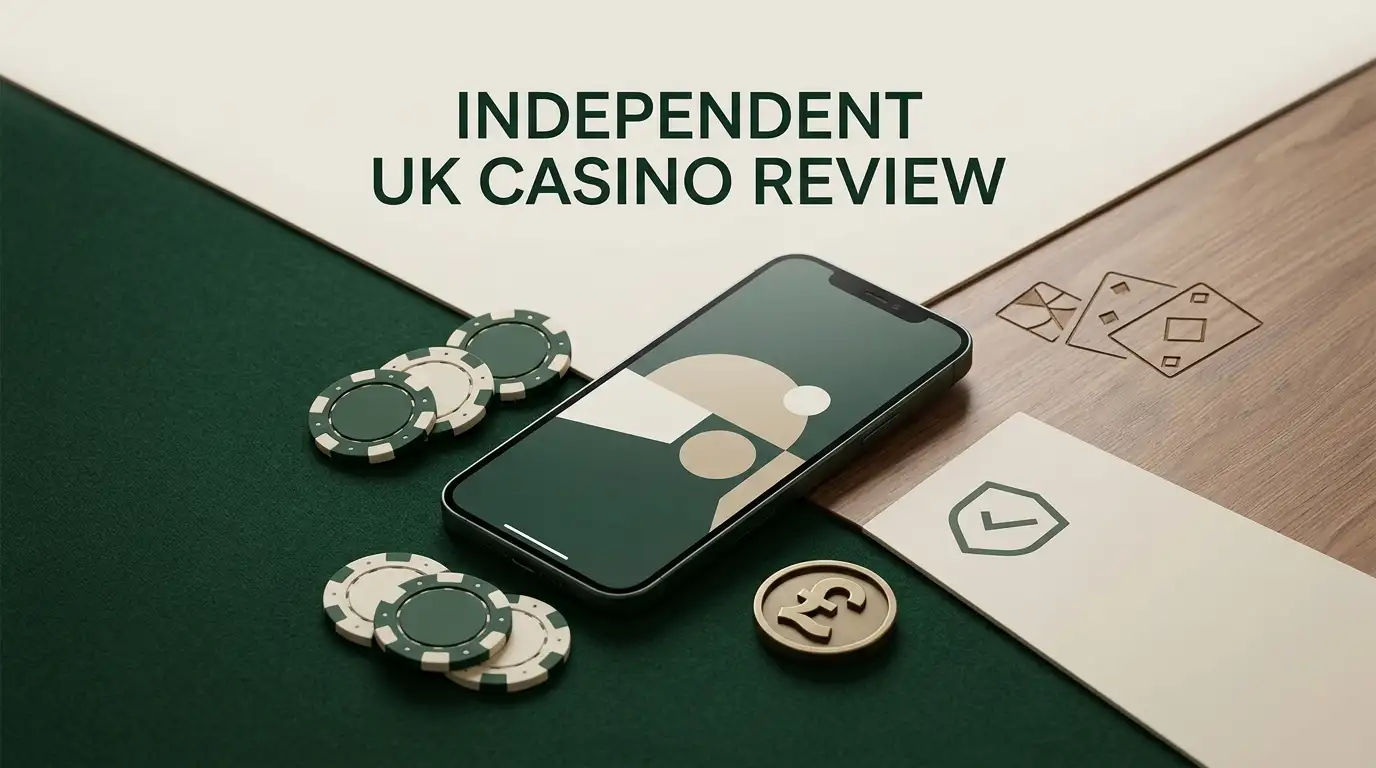 Editorial illustration representing a UK casino review with mobile, GBP and verification themes