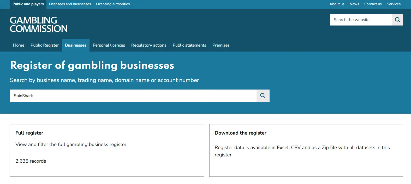 UK Gambling Commission public register context for SpinShark licensing