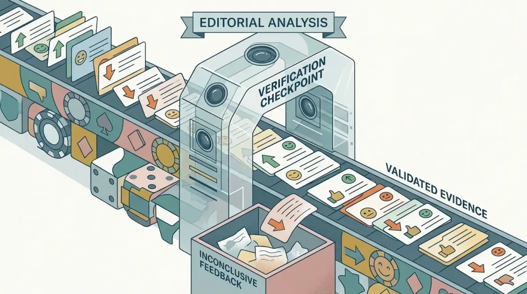 Editorial illustration of mixed player feedback and verification checkpoints