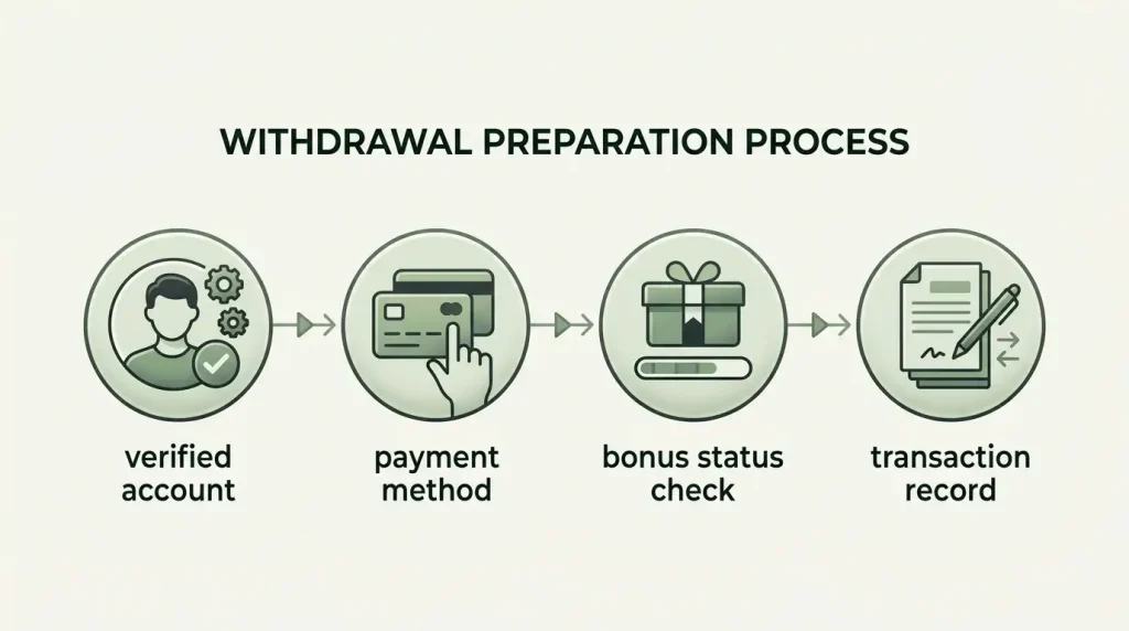 Illustrated withdrawal checklist covering verification, payment method, bonus status and transaction records