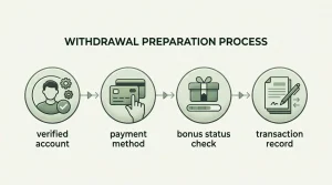 Illustrated withdrawal checklist covering verification, payment method, bonus status and transaction records