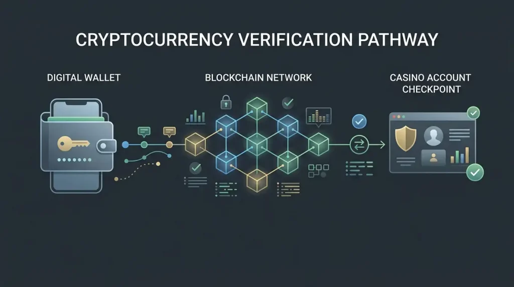 Illustration of a crypto payment moving through wallet, network and casino account checkpoints
