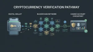 Illustration of a crypto payment moving through wallet, network and casino account checkpoints