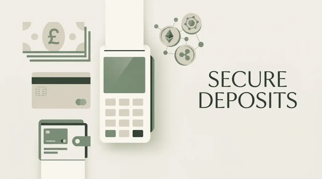 Illustration of GBP casino deposits using debit card, e-wallet and cryptocurrency payment categories