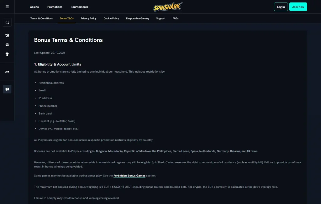 SpinShark bonus terms showing wagering, maximum bet and expiry conditions