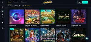 SpinShark game lobby with category navigation and game tiles