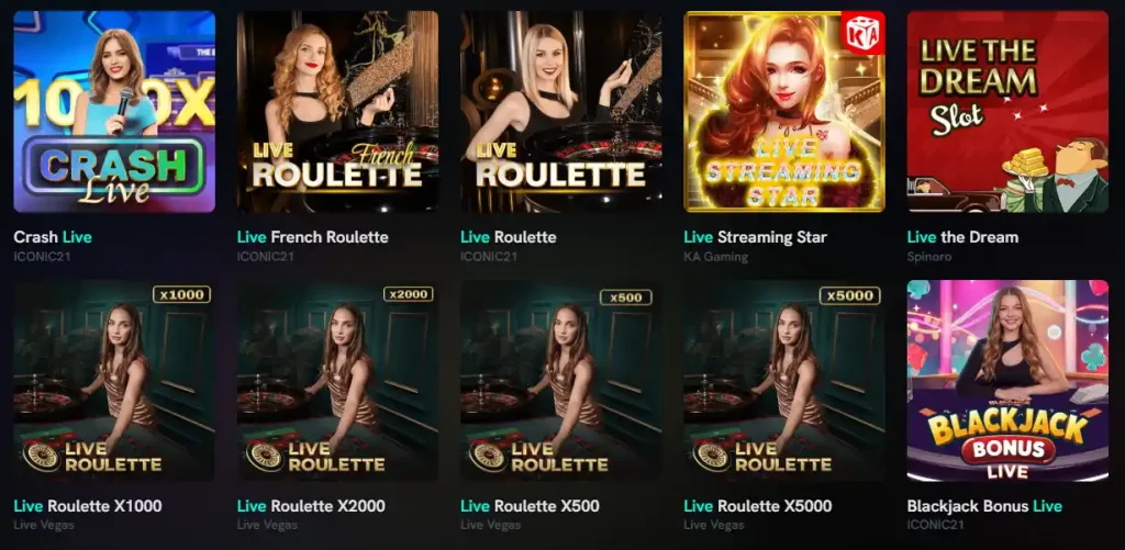 SpinShark live casino lobby or dealer category navigation